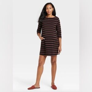 The Nines by Hatch‎ 3/4 Sleeve Boat Neck Brown Black Stripe Shift Tunic Dress XS